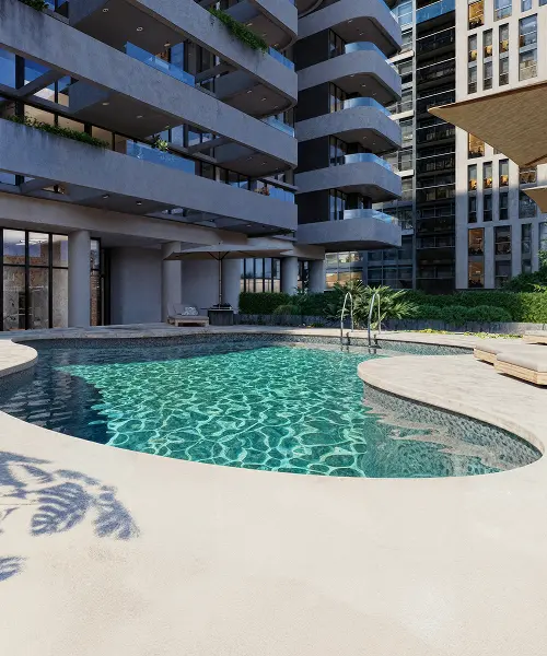 Piscina con solárium en Domani Vista, departamentos en pozo en Playa Grande, Mar del Plata